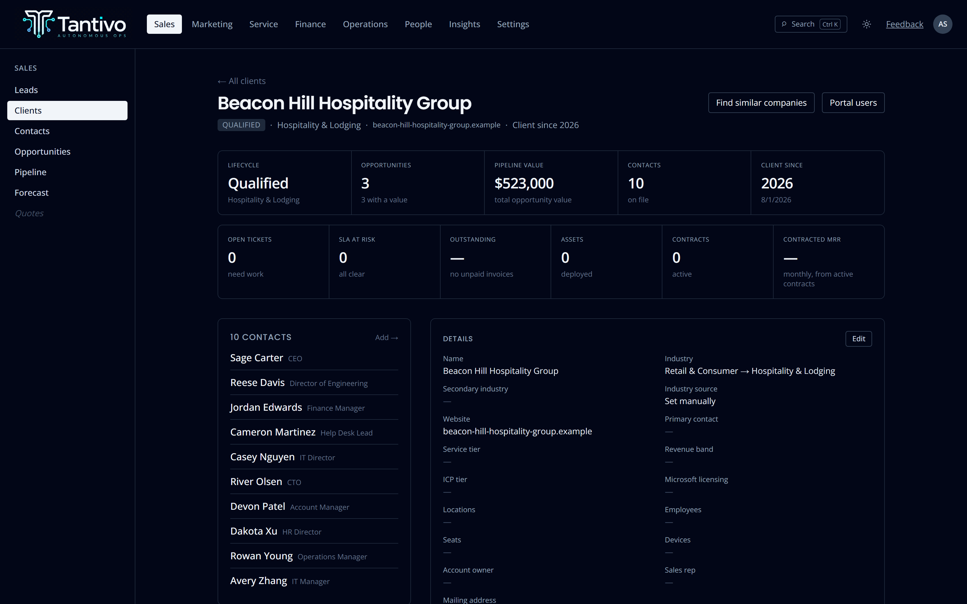 A client record showing firmographics, contacts, tickets, contracts and activity in one view.