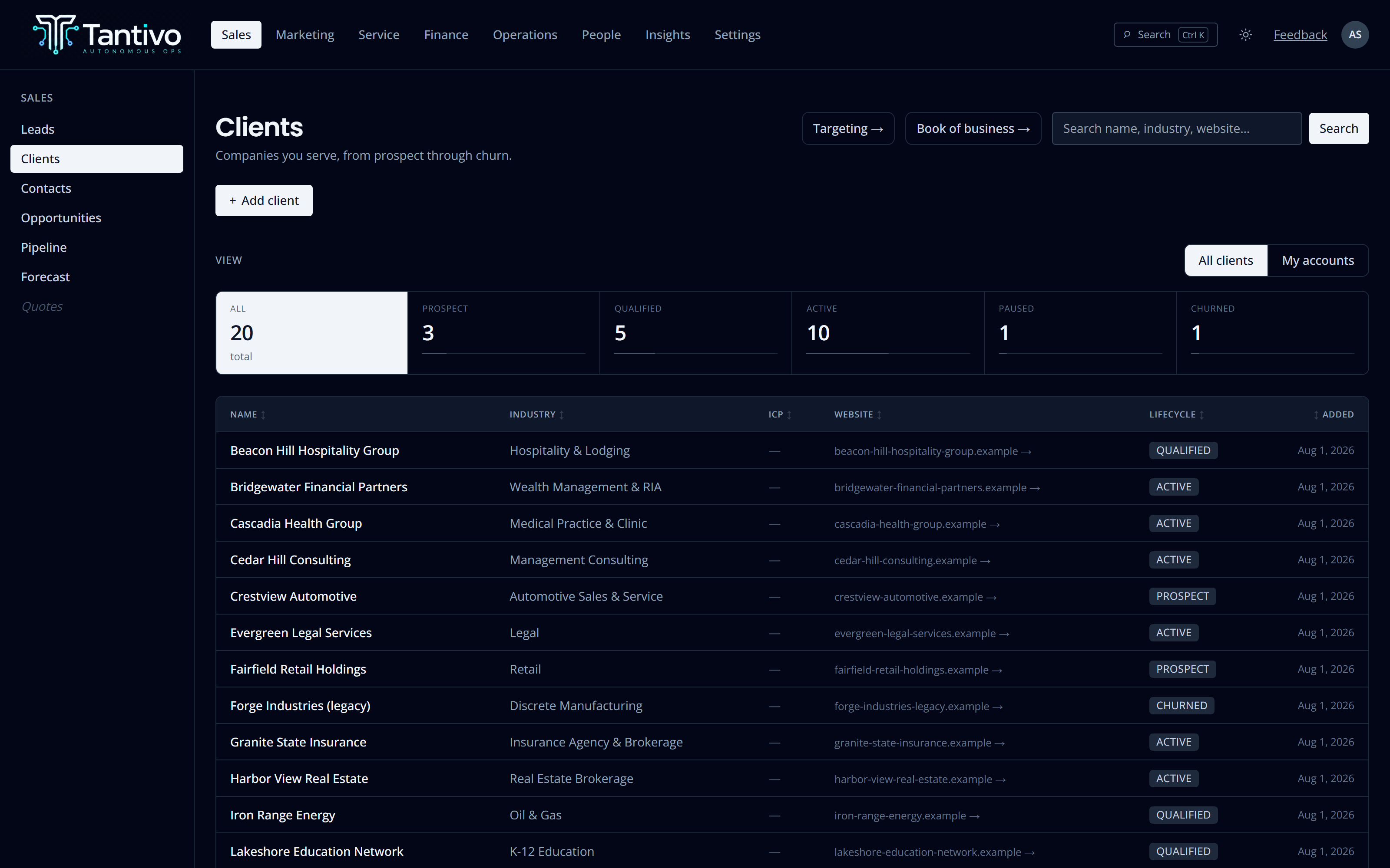 The client list with lifecycle stage, industry, service tier and owner.