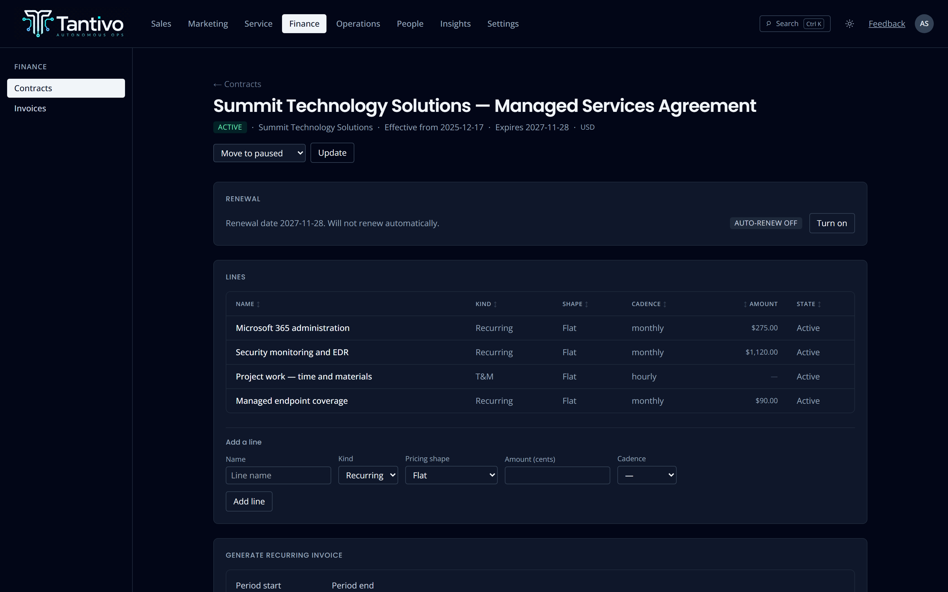 A contract showing its effective window, status and billable lines with cadence and amounts.