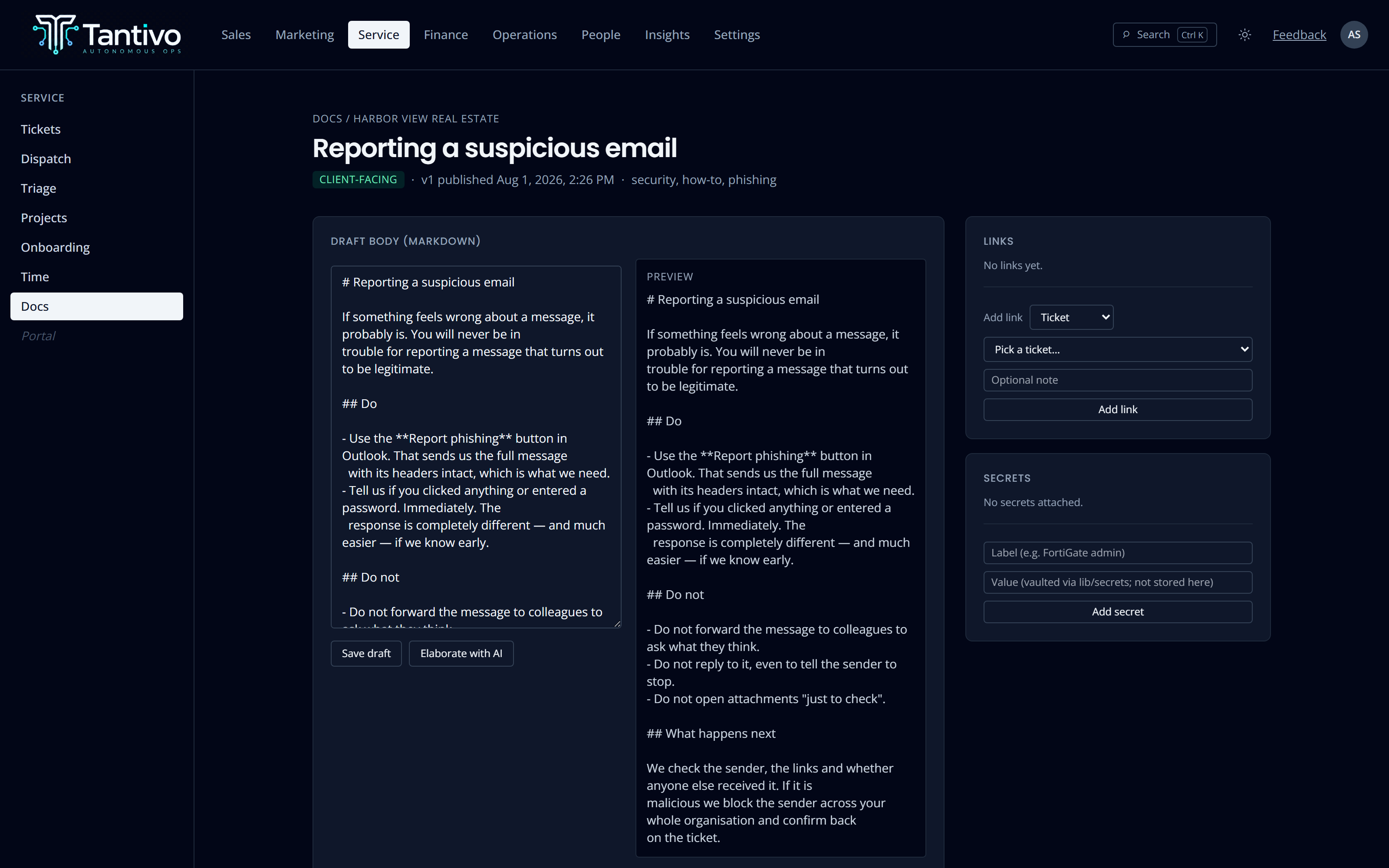 A published runbook in the knowledge base with its version history.