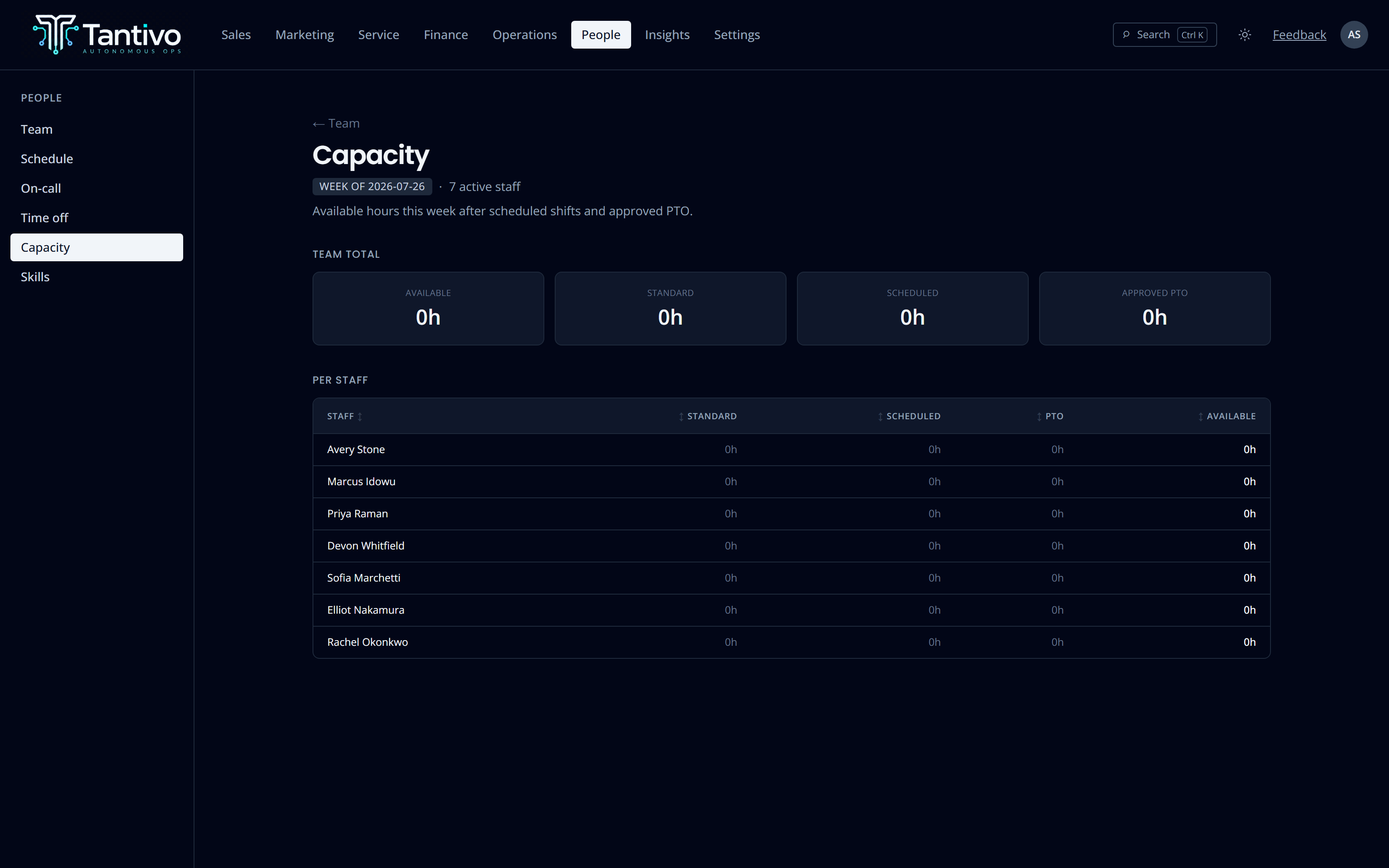 The team capacity view showing staff availability and scheduled hours.