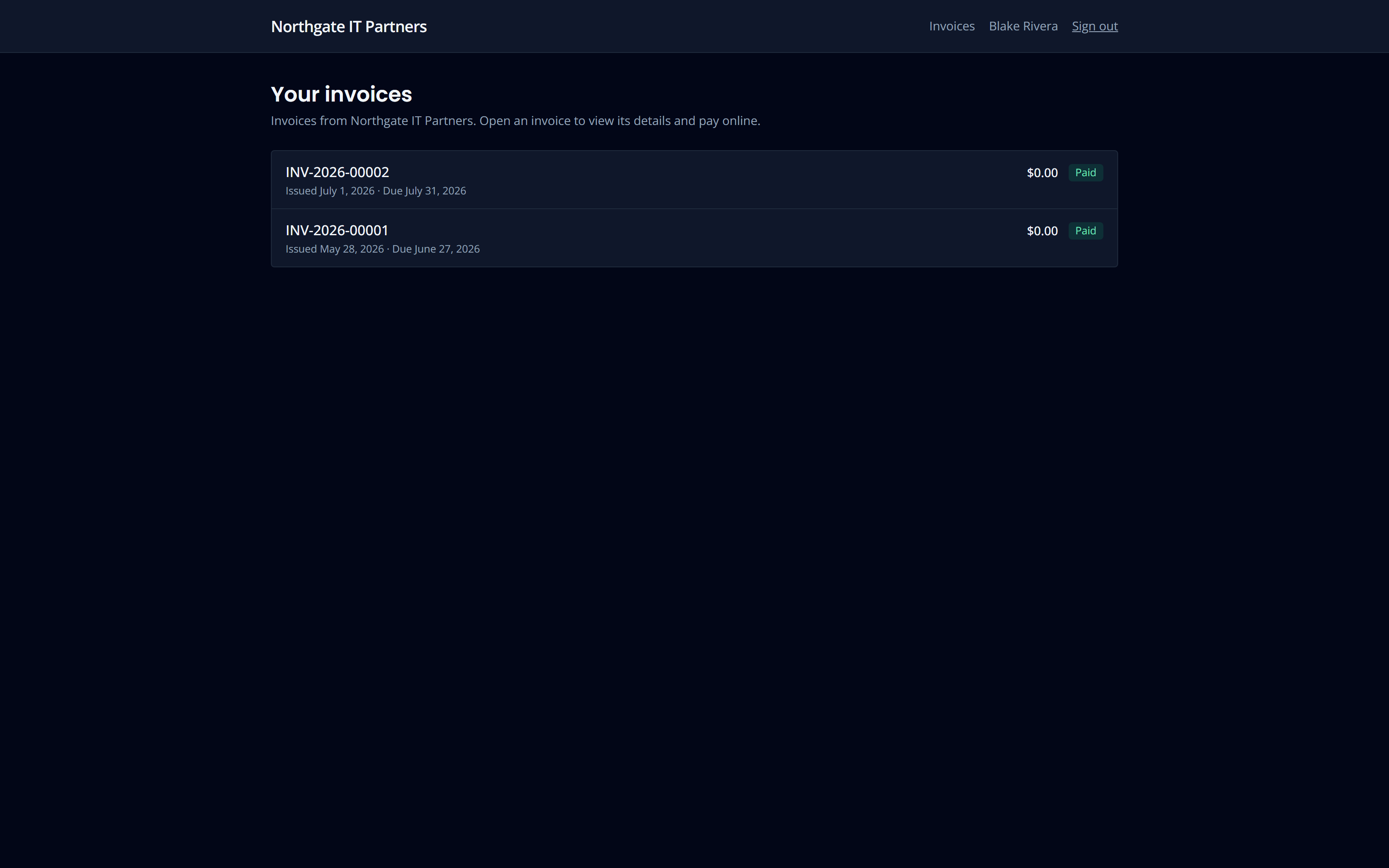 The client portal invoice list showing issued invoices, amounts and payment status.