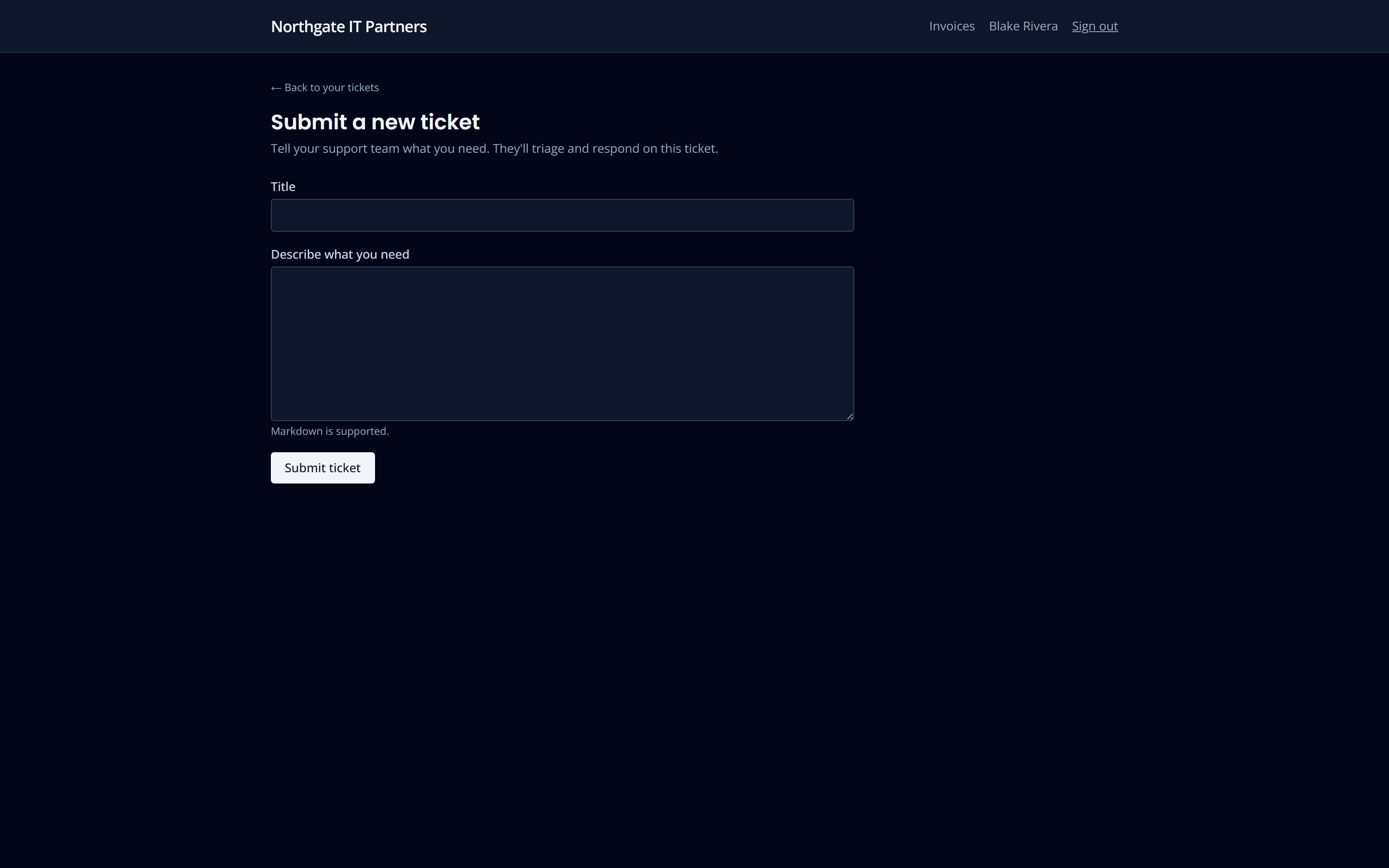 The client portal new-ticket form with subject, description and priority.