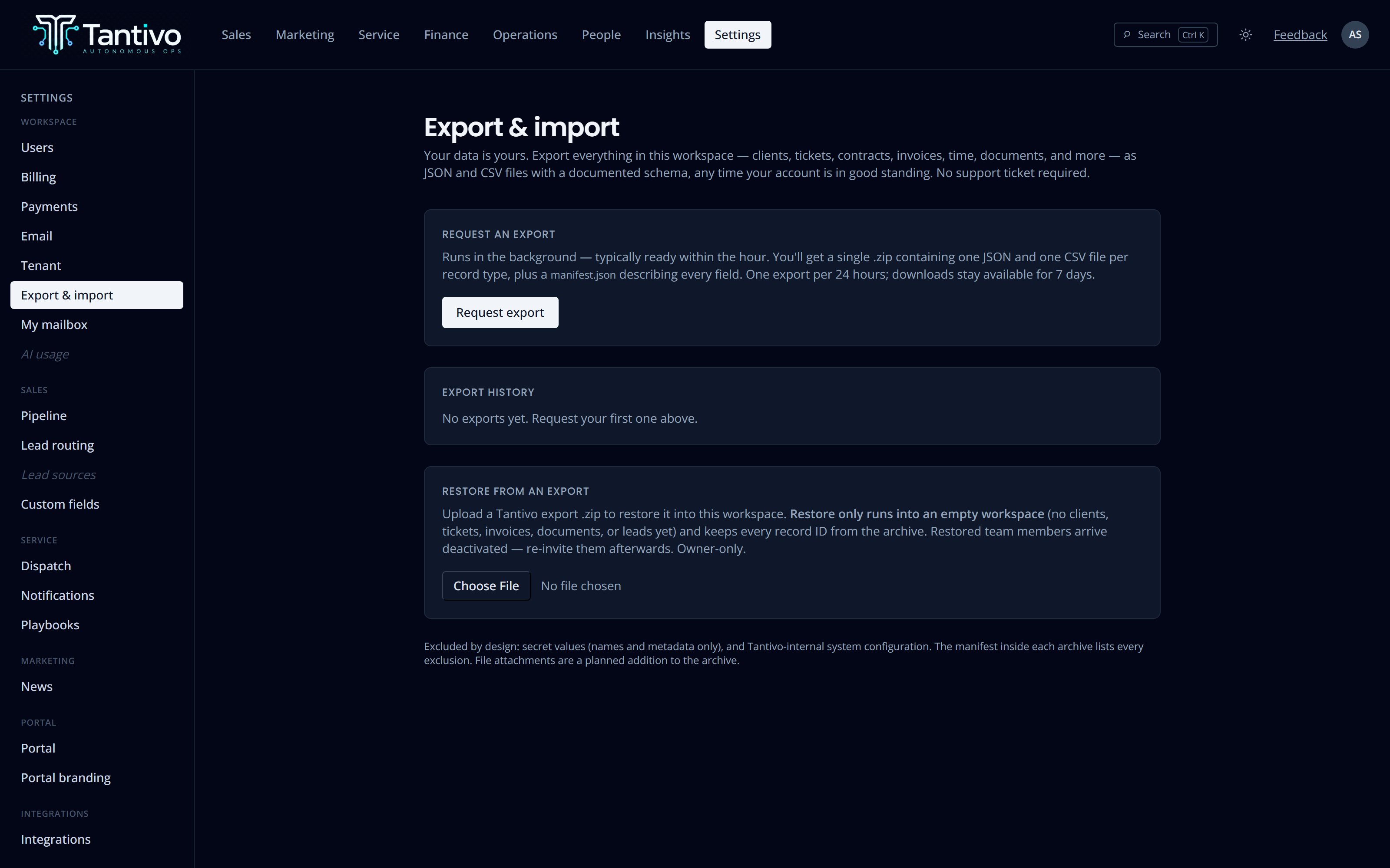 The self-service data export screen, listing what the export contains and letting an owner request one.