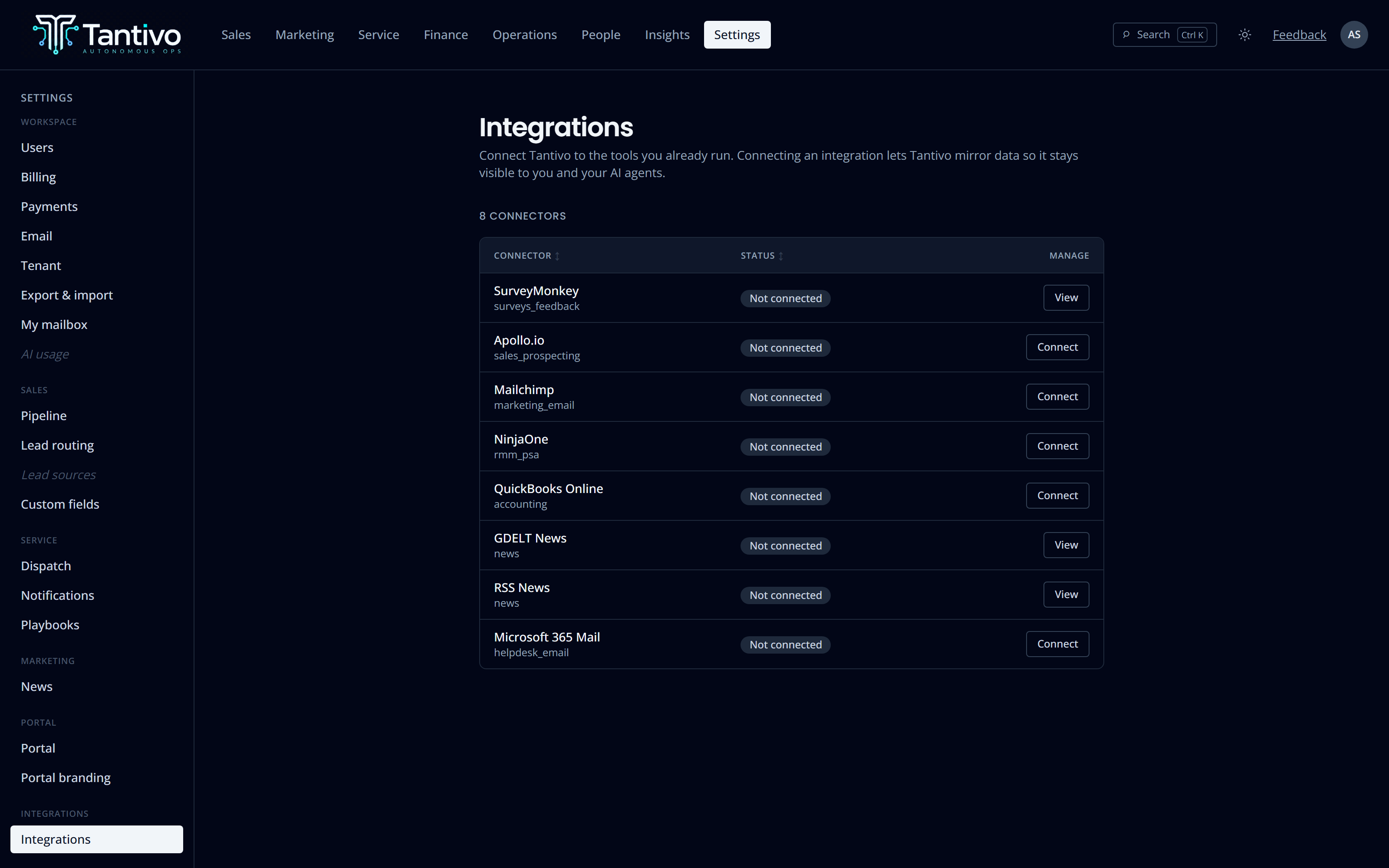 The integrations settings page listing available connectors and their connection status.