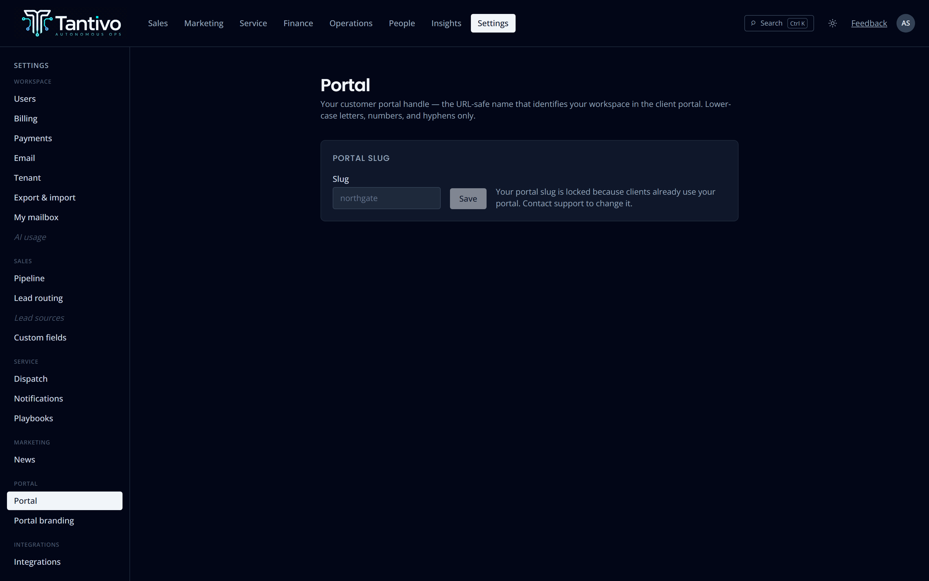 Portal settings showing the tenant’s portal slug and branding configuration.