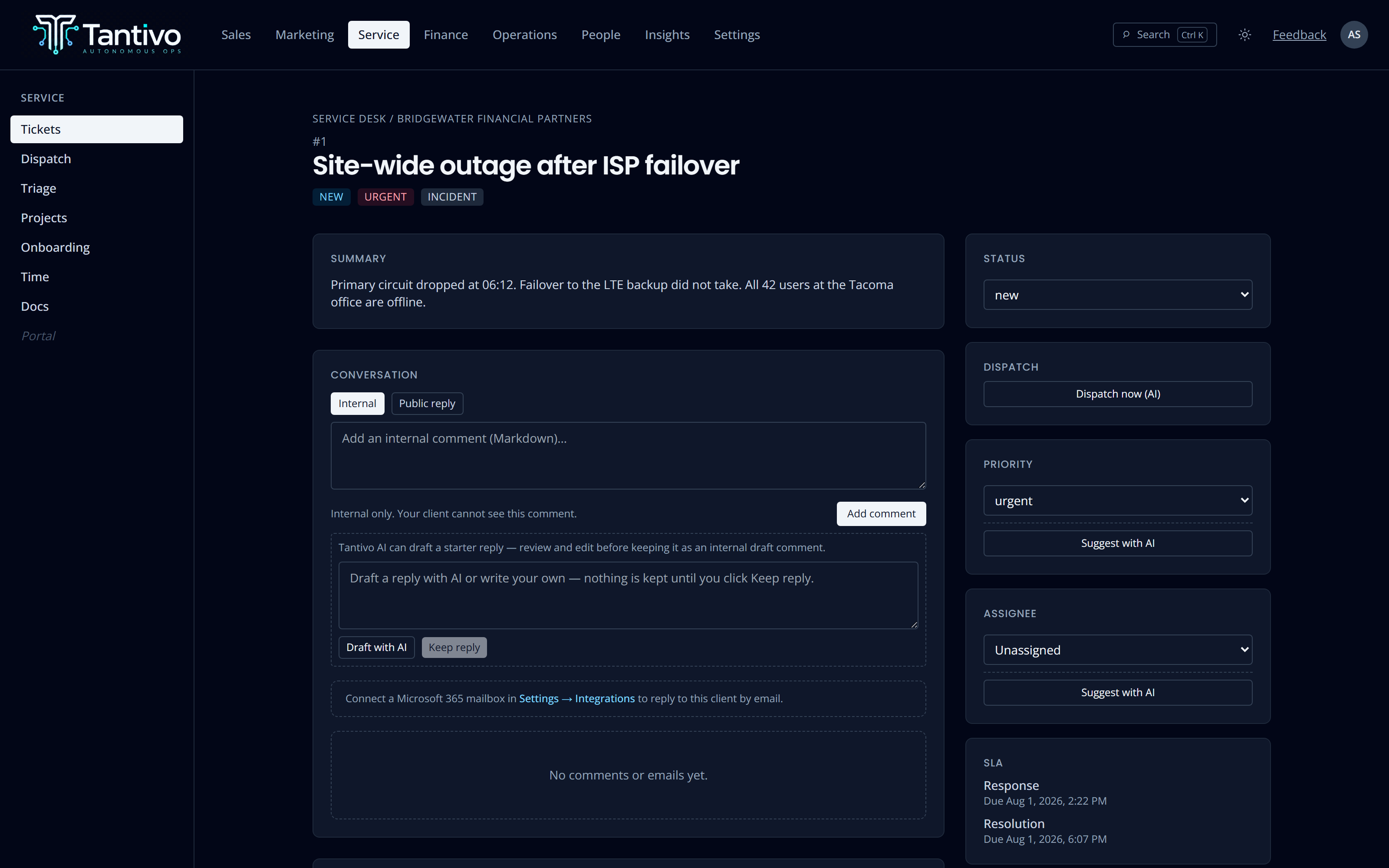 A ticket with an AI draft-reply panel, assignee and priority suggestions, and the SLA response and resolution clocks.