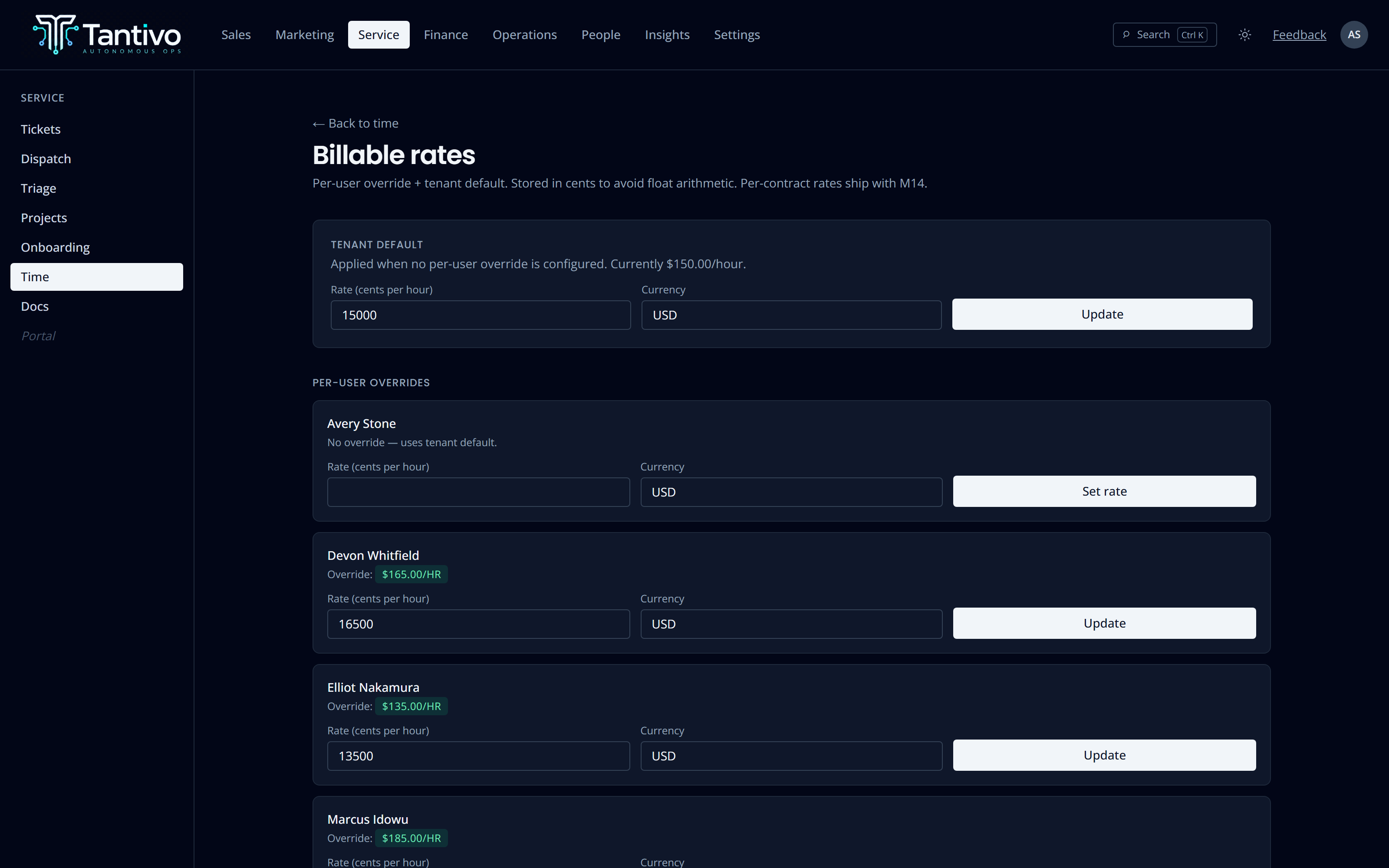 Billable rate configuration showing the tenant default hourly rate and per-user overrides.