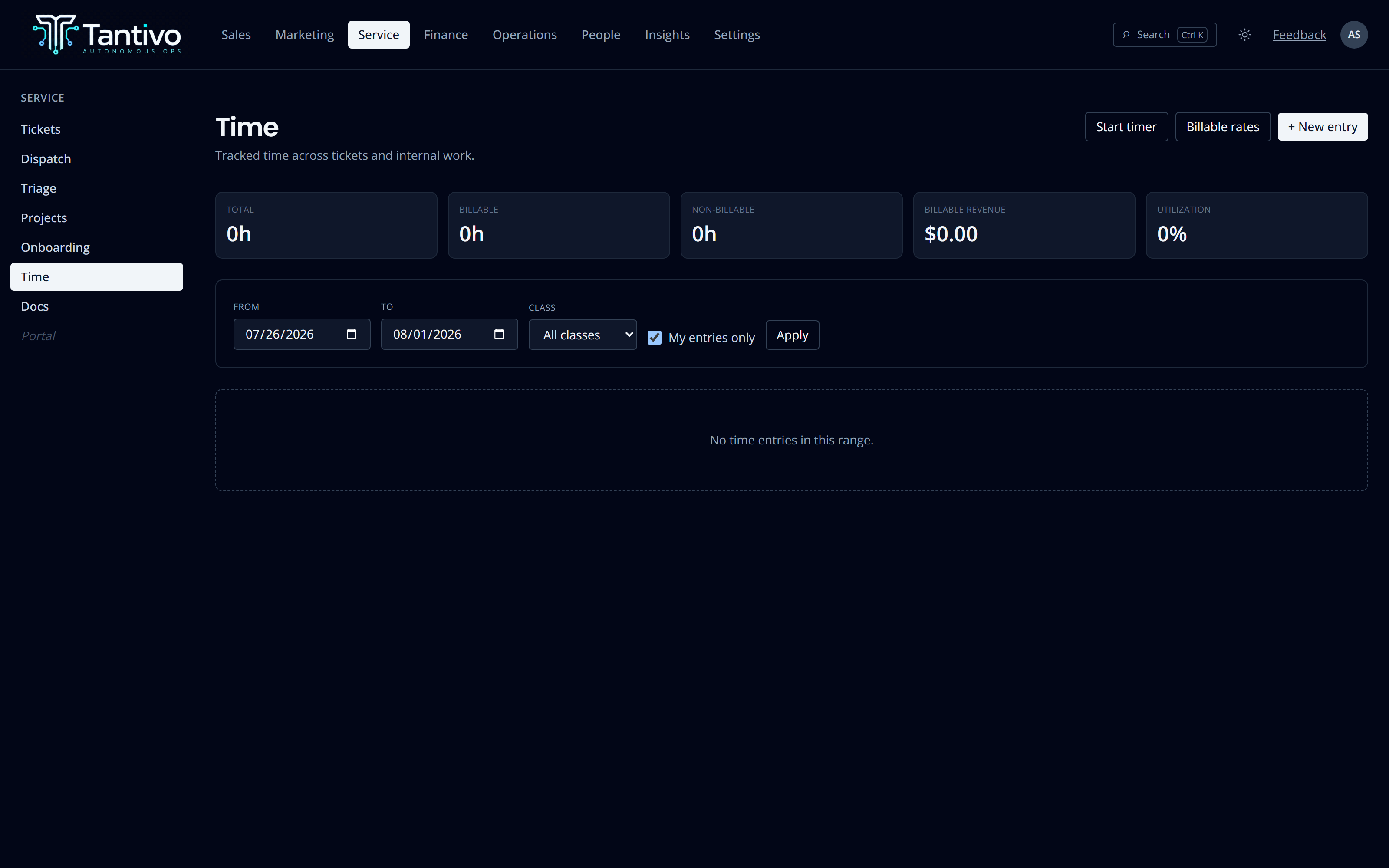 The time log across the team, showing each entry's client, duration, billable classification and rate.